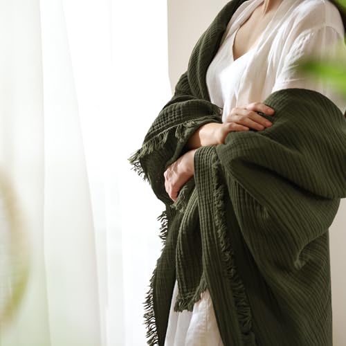 MooMee Muslin Blanket - 100% Cotton 4-Layer Gauze Throw Blanket with All-Around Fringe, Soft Breathable Lightweight Cooling Summer Blankets for Bed Couch (Olive Green,Throw XL 50" x 70") - color: Olive Green, size: Throw XL