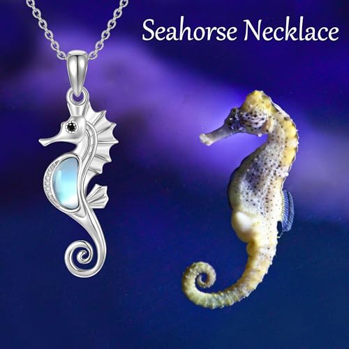 Sterling Silver Cute Animal Pendant Necklace Fox/Snake/Unicorn/Owl on Moon/Rabbit/Horse Necklace Jewelry for Women Mom Sister - style: Moonstone Seahorse