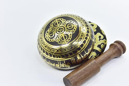 3.75" Tibetan Meditation Yoga Singing Bowl Green Set with free Wooden Mallet and Silk Cushion from Nepal, Singing bowls. (Black) - color: Black
