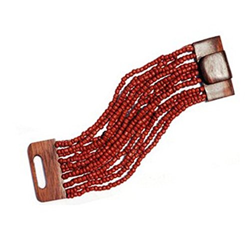 indomode®️ Maroon 14 Strand Elastic Stretchy Glass Beaded Bracelet With Wooden Buckle Clasp – 2” Wide