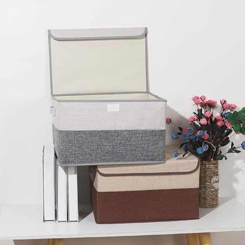 27 L Cotton Linen Foldable Storage Box with Lid - 15.75"x10.63"x9.84"- Durable Collapsible Organizer for Bedroom, Living Room, Kids' Room, 3-Pack Grey