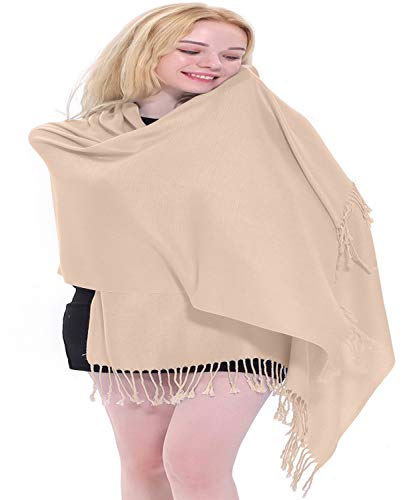 CJ Apparel Solid Color Tassels Design Nepalese Shawl Scarf Wrap Stole Throw Head Wrap Pashmina Gift Hand Made in Nepal New - color: Champagne Pink