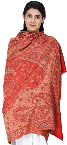 Exotic India Reversible Jamawar Shawl with Woven Paisleys - Wool - color: Grenadine