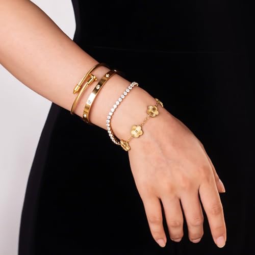 18K Gold Plated Bangle Bracelet Set for Women Stackable Lucky Floral Adjustable Tennis Bracelet Non Tarnish Gift Jewelry for Christmas Valentines Birthday Mother's Day - color: Gold
