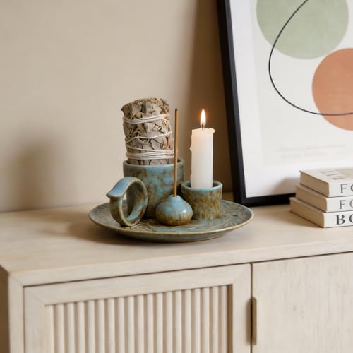 4-in-1Blue Ceramic Palo Santo Burner Holder - Small Incense Burner & Smudge Tray Bowl for Incense Sticks/Cones & Sage - Ideal for Meditation Rooms,Zen and Aromatic Scents - Matches Compatible - color: Palo-incense-dish-blue