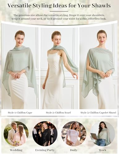 Chiffon Cape Shawl Wrap Scarf 3 Ways to Wear Elegant Sheer Capelet for Evening Dresses Weddings Parties - color: Sage Green