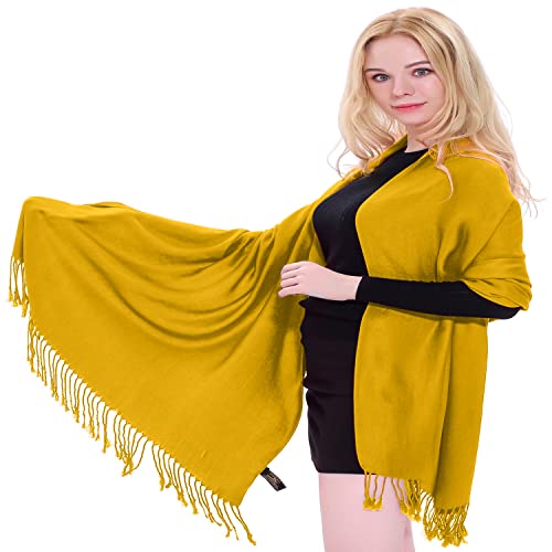 CJ Apparel Solid Color Tassels Design Nepalese Shawl Scarf Wrap Stole Throw Head Wrap Pashmina Gift Hand Made in Nepal New - color: Amber Yellow