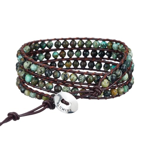 Women Boho Handmade Natural Stone Crystal Leather Bead Wrap Bracelets Collection - style: 4mm African Turquoise 3W