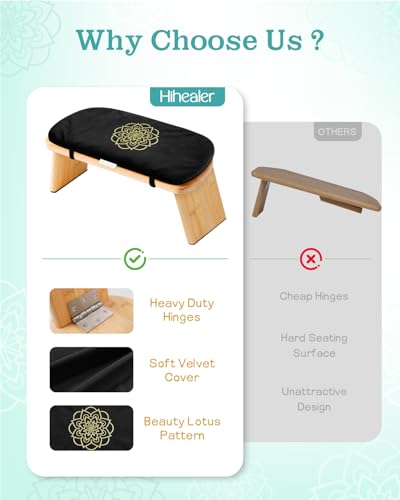 Hihealer Folding Bamboo Meditation Bench with Cushion & Carry Bag – Ergonomic Yoga and Prayer Stool for Comfort and Posture Support (Black)