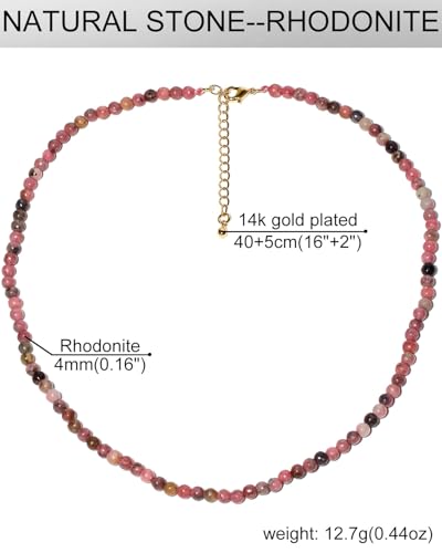 Simple Choker Necklace for Women Real Stone and Crystals Necklaces 4mm Beaded Choker Jewelry Meditation Gift for Women (16"+2") - style: Rhodonite