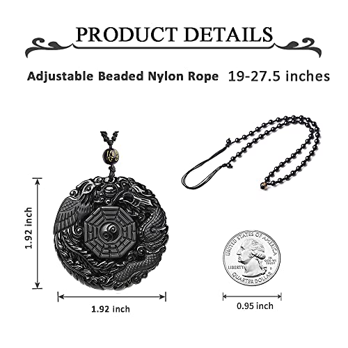 Black Obsidian Necklace Natural Crystal Amulet Protection Pendant with Adjustable Rope Lucky Talisman Necklaces Jewelry Gift for Men Women - color: Yin Yang Dragon Phoenix