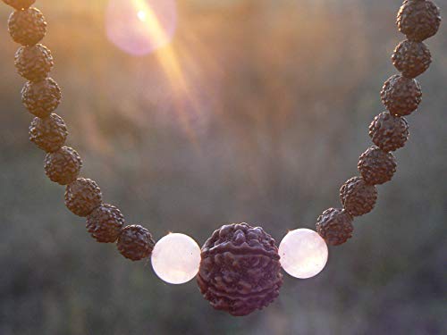 Rudraksha Necklace for Women, Shakti Healing Mala HANDMADE, Real 5 Mukhi Rudraksh Mala Beads, Rose Quartz Crystals, Heart Chakra Jewelry, Hindu Spiritual Gift for Her, Kundalini Yoga