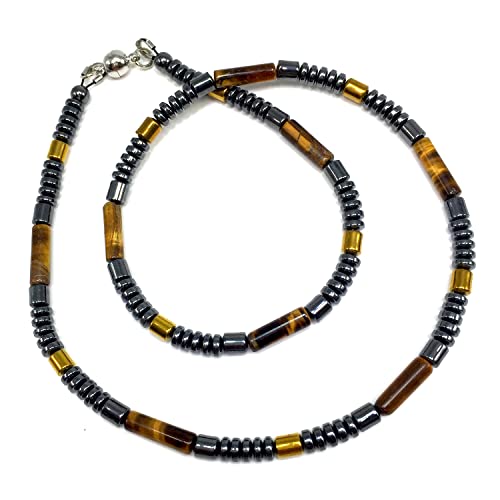 Healing Stress Anxiety Meditation Grounding Energy Gemstone Necklace Series - color: Tiger Eye & Hematite -4 mm- Stone Tube Beads