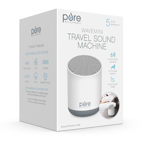 Pure Enrichment Wave Mini Travel Sound Machine - 6 Soothing Sounds Including White Noise, Seamless Loop Audio, Rechargeable Battery, 48 Hour Run Time, Optional Timer, and Storage Bag - color: White