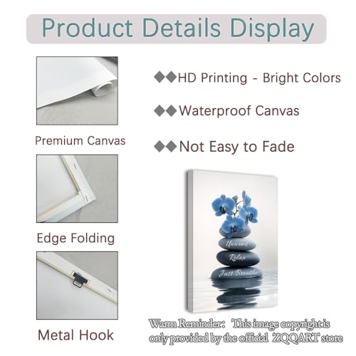 ZQQART Zen Stone Bathroom Wall Art Spa Stones Pictures Meditation Canvas Painting Yoga Living Room Decor Framed(Blue,12L x 18W)