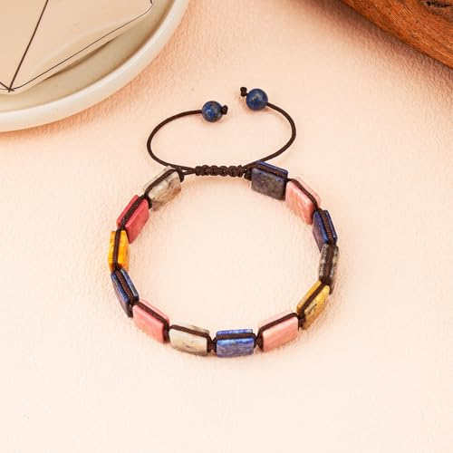 Square Natural Stone Unisex Adjustable Bracelet - Handmade with Natural Stons - Square Healing Crystal Bead Bracelet - color: Colorful