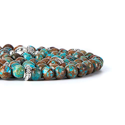 Bivei 108 Mala Beads Necklace Long Beaded Wrap Bracelets Genuine Gemstone Mala Prayer Beads Lotus Buddha Charm Yoga Meditation Necklace - color: Blue Lace Agate-Lotus OM-Buddha