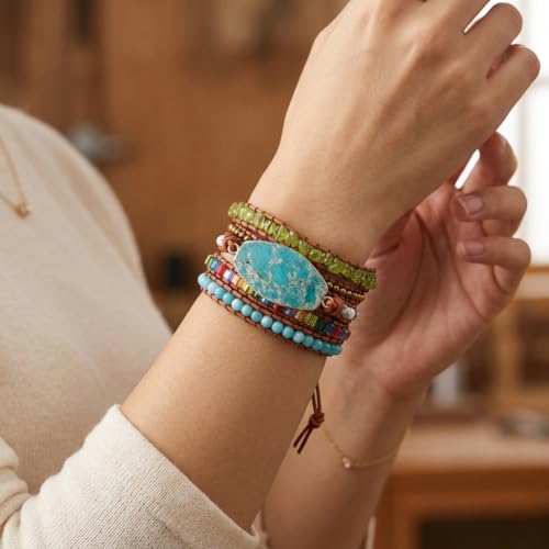 YGLINE Boho Handmade Natural Stone Wrap Bracelets Jasper Crystal Beads Bracelet Jewelry - color: green jasper 2