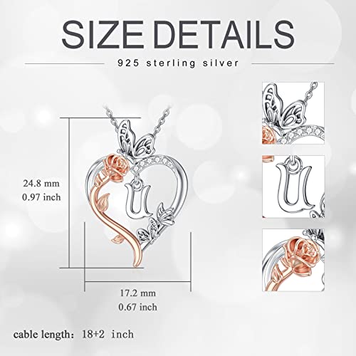 TOUPOP Gifts for Women Her 925 Sterling Silver Rose Heart Initial Necklace Butterfly Heart Jewelry Anniversary Birthday Gifts for Wife Girlfriend Mom - color: U Initial
