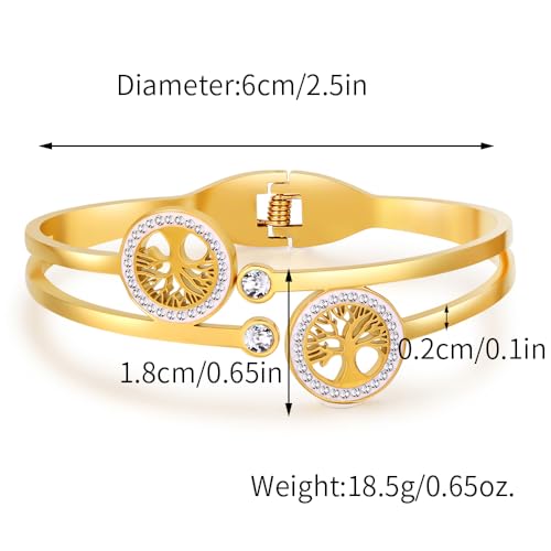 Gold Bangle for Women - 18K Gold Plated Stainless Steel Love Friendship Crystal Bracelets with Cubic Zirconia - color: A-TREE GOLD