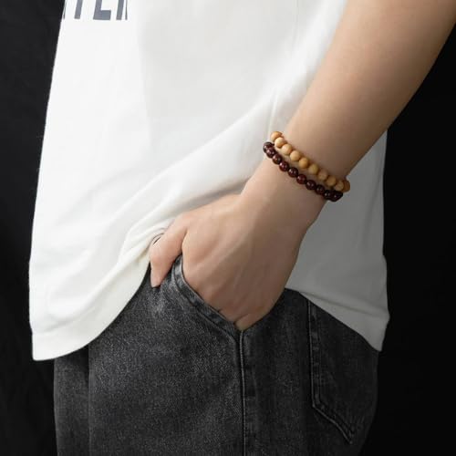 5Pcs Sandalwood Stretch Bracelets for Women Men with Hematite Stone Cross Mala Beads - color: A