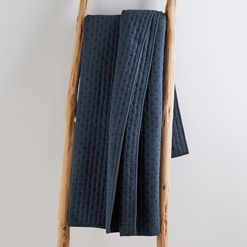 Levtex Home - Cross Stitch - Quilted Throw - 50x60in. - 100% Cotton - Reversible Pattern - Navy with Matching Stitching