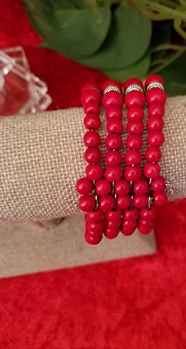 Handmade Beaded Cuff Bracelet - color: red
