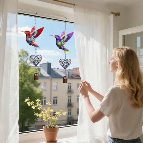 Metal Hummingbird Hanging Decor, Bird Wind Chime Bell Hanging Decor for Outdoor Garden Yard Doors Walls Living Rooms Bedrooms, 2 Pack (Bird-b-Heart) - style: bird-b-heart