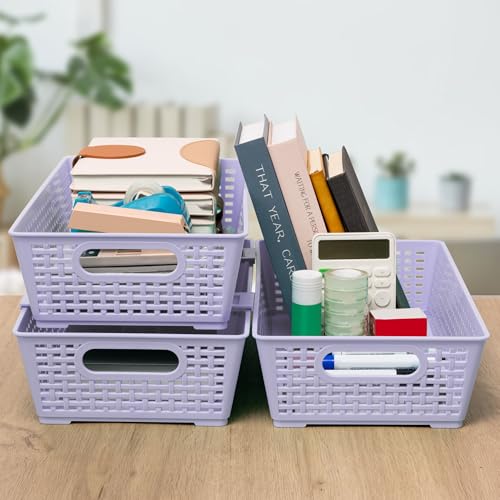 Tiawudi Stackable Woven Plastic Basket, Storage Bins for Cabinet, Closet, Shelf, Under Sink and Countertop, Pantry Organizer Bins, 6 Pack - color: Violet
