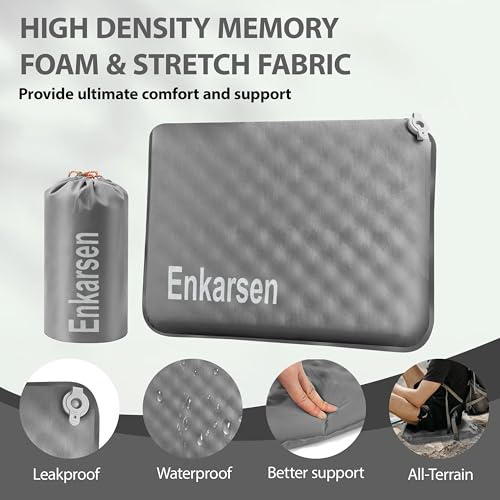 Inflatable Travel Seat Cushion – Self-Inflating Memory Foam Pad for Airplane, Stadium Bleachers, Camping, Hiking & Backpacking – Ultralight Compact & Portable Sitting Cushion - color: Grey