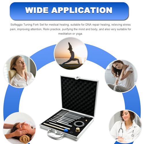 Solfeggio Tuning Forks Set, 10 pcs Unweighted Silver Solfeggio Tuning Forks, Aluminum Alloy with Tuning Fork Activator,2 Rubber Mallet, Cleaning Cloth and Exquisite Aluminum Box - size: Solfeggio 10 set Silver((Upgraded))