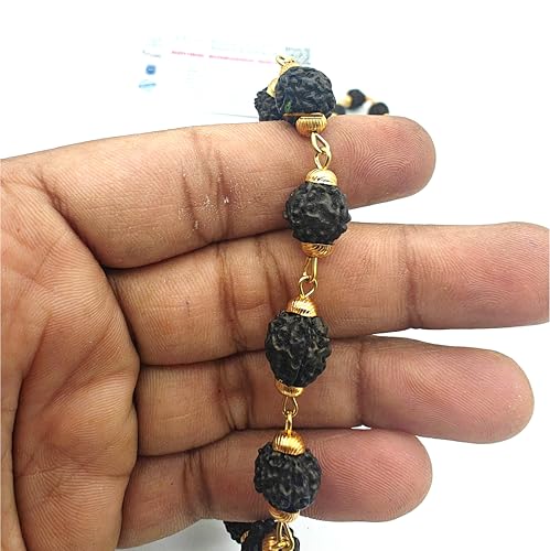 BRIJ HAAT Rudraksha Beads Mala, Golden Cap, Religious Prayer Necklace, Traditional Indian Jewelry - color: Black