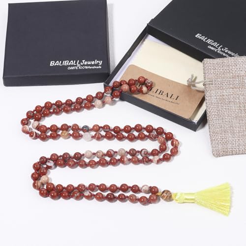 8MM Beads Chakra Long Mala Necklace Natural Stone Meditation Statement Necklace Japa Yoga Buddhist Rosary Prayer Charm Beaded Tassel Necklace - color: Redstone