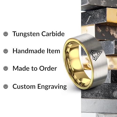 Gift for Yoga Fan - Yoga Meditation Ring - Flat Dome Bevel - Band - Men Women - Brushed Polished - Tungsten - Personalized Custom Engraving - 8mm - Anniversary Wedding - Yellow Rose Gold Silver - color: 14 - Yellow Gold Grey Tungsten