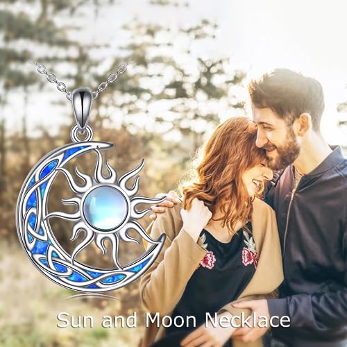 Sun and Moon Necklace for Women 925 Sterling Silver Celtic Crescent Moon Pendant Blue Opal/White Opal/Abelone Shell/Labradorite/Moonstone Jewelry Gift for Teen Girls - color: blue opal moon