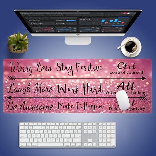 Extra Large Gaming & Office Mouse Pad (31.5" x 11.8") – Inspirational Quote Stay Positive Work Hard & Pink Glitter Design, Premium Anti-Slip XXL Desk Mat with Durable Stitched Edges - color: Inspirational Pink Glitter