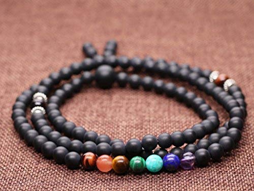 COAI 108 Japa Mala 7 Chakra Stone Wrap Bracelet Necklace - style: Matte Onyx