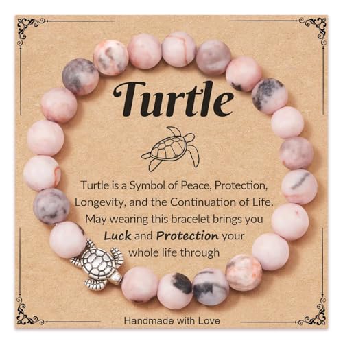 Caiyao 8mm Pink Zebra Natural Stone Sea Turtle Bracelets Healing Crystal Beaded Stretch Bracelets for Women Men Best Friend Friendship Inspirational Relaxation Jewelry Teacher Appreciation Gifts - style: StyleA