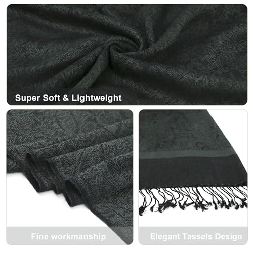 Silky Paisley Pashmina Shawl Scarf-Women's Soft Double-side Jacquard Pashminas Wrap for Evening Dress Travel Shawl - color: A-black Charcoal Gray