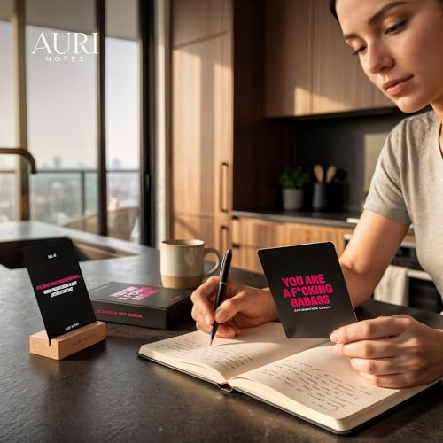 Badass Affirmations for Women, Scratch-Off Daily Affirmation Cards 4x5 Inch — 52 Bold, Unique Sweary Affirmations with Premium Gift Box and Wooden Stand — Funny Motivational Friend, Sister Gift