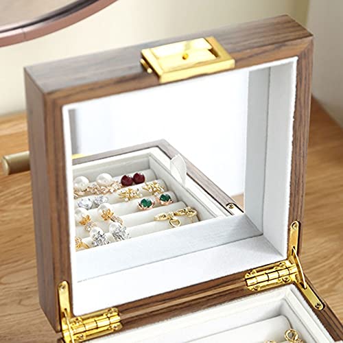 DNCG Storage Bins Large 3-Layer Wooden Jewelry Box Luxurious Earring Necklace Desktop Cosmetic Storage Box with Portable Handle and Safety