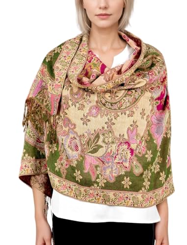 Achillea Elegant Paisley Floral Pashmina Shawl and Wrap β Boho Rave Scarf for Festival, Travel & Everyday Wear - color: Olive Rose