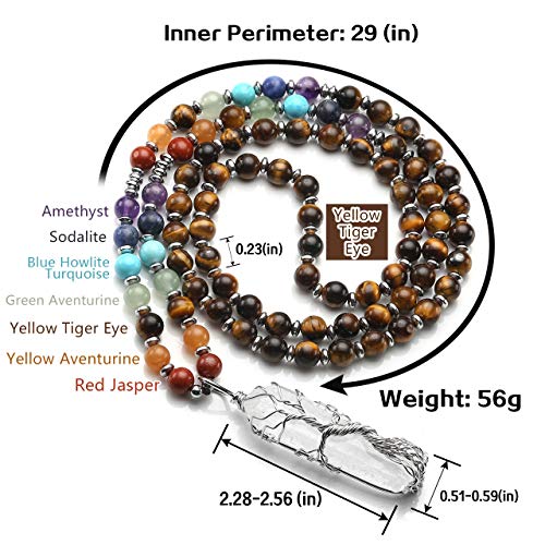 Jovivi Natural 7 Chakras Healing Crystals Necklace Wire Wrapped Clear Quartz Stone Pendant Healing Pointed Reiki Energy Balancing - color: Tiger Eye