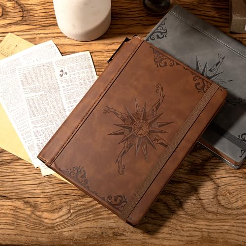 CAGIE Compass Leather Notebook Journal for Men, 100 GSM 288 Pages Lined Journals for Writing, A5 Hardcover Journaling Notebooks Gift Set with Pen for Travel Office Daily Writing - color: Brown
