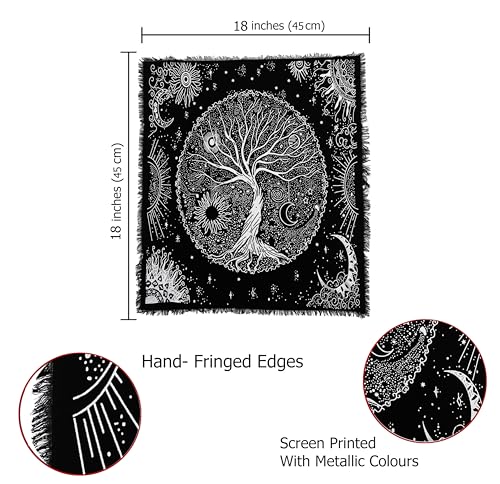 Indian Consigners Tree of Life Altar Cloth Tapestry Tablecloth Celtic Trees Ritual Spiritual Cloth for Sacred Places, Cotton Square Tarot Table Cover 18 by 18 Sacred - color: Silver Celestical Dry Tree, size: 18" x 18" (Square)