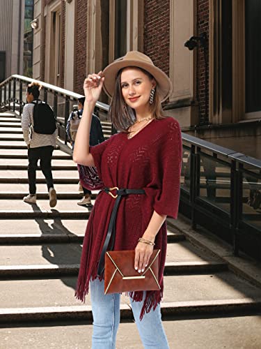 Soul Young Knitted Poncho Sweater for Women Ladies Pullover Wraps Cozy Topper shawl Cape - color: Burgundy