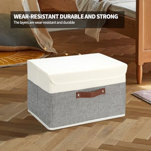 8 Pack Storage Bins Foldable Storage Boxes Fabric Storage Box with Lid & Handle Large Washable Organizer Bulk for Office, Home, Books, Clothes, Bedroom, Closet, (15INx10INx10IN White/Grey)