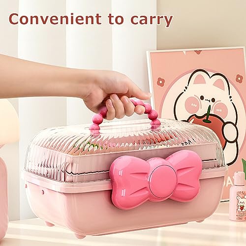 Cute Girls Hair Accessories Storage Box Bow Switch Organizer Box Jewelry Box, Plastic Hair Ties Holder Hair Clips Container Storage Box for Home, School, Office(Pink)