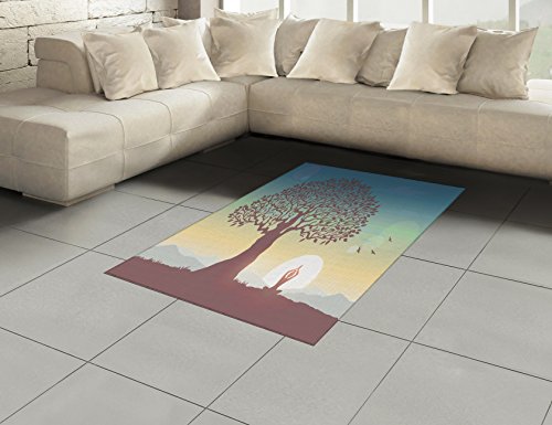 Lunarable Meditation Area Rug, Silhouette Woman Sitting in Lotus Pose and Welcoming The Sun Under a Huge Tree, Flat Woven Accent Rug for Living Room Bedroom Dining Room, 4' X 5' 7", Multicolor