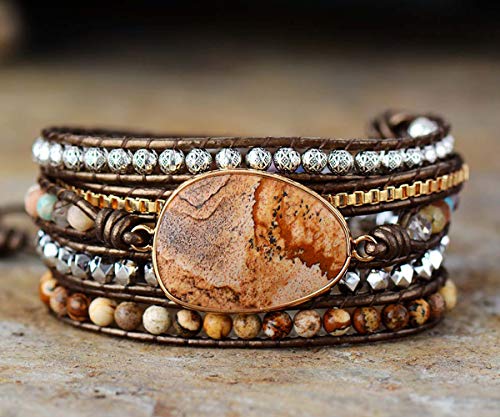 Boho Wrap Bracelet for Women, Handmade Natural Imperial Jasper Multi-Layer Stone Beaded Bracelet, Bohemian Healing Crystal Stone Jewelry Gifts - color: Brown Agate